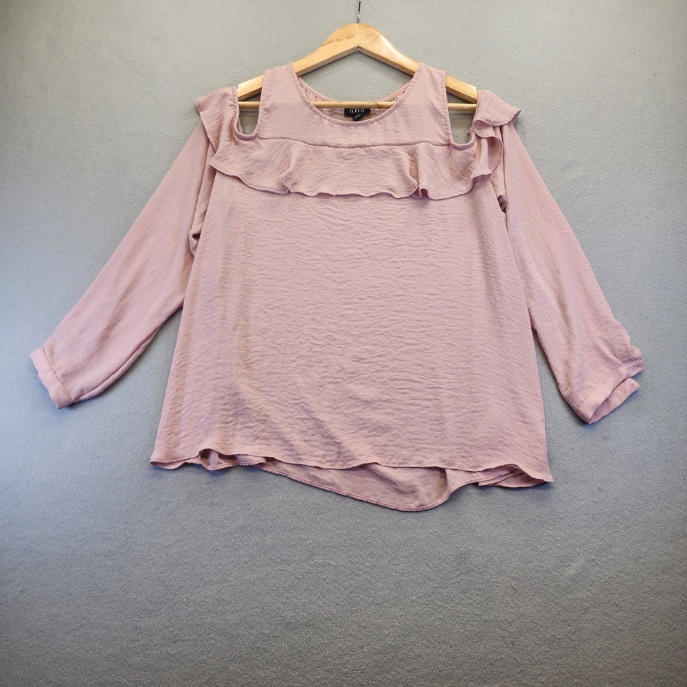 ANA A New Approach Mauve Pink Cold Shoulder Ruffle Blouse Long Sleeve Large L